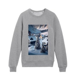 Storybook mountain village and snowcovered houses and streets idyllic stone cottage snowy landscape painting by Prompart Kids Crewneck