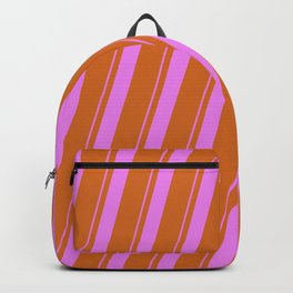 [ Thumbnail: Violet and Chocolate Colored Lined/Striped Pattern Backpack ]