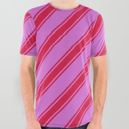 [ Thumbnail: Orchid & Crimson Colored Lined Pattern All Over Graphic Tee ]