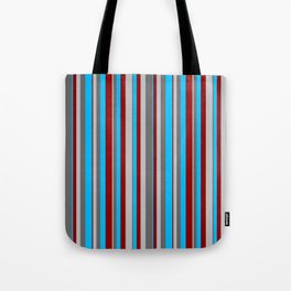 [ Thumbnail: Grey, Dim Grey, Deep Sky Blue & Dark Red Colored Stripes Pattern Tote Bag ]