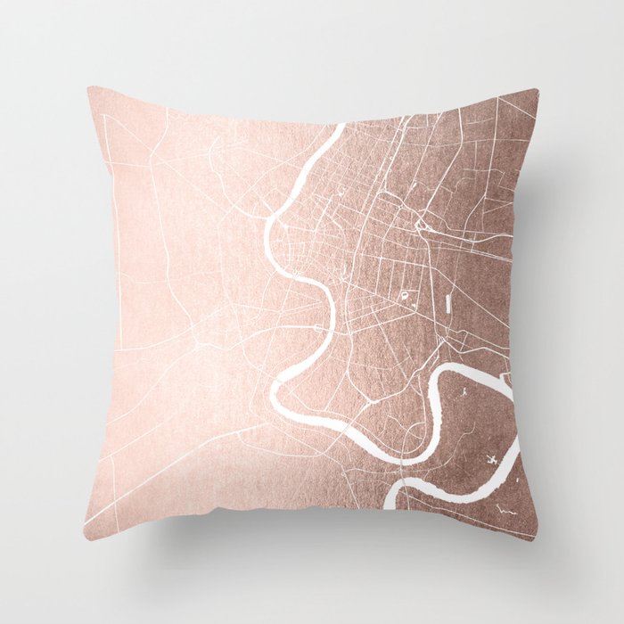 Bangkok Thailand Minimal Street Map - Rose Gold Pink and White II Throw Pillow