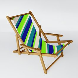 [ Thumbnail: Dark Blue, Chartreuse, Beige, and Teal Colored Stripes/Lines Pattern Sling Chair ]