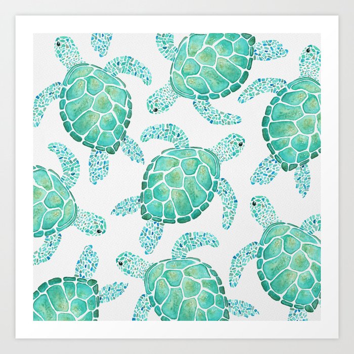 Sea Turtle Pattern - Blue Art Print
