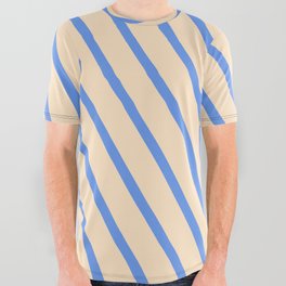 [ Thumbnail: Cornflower Blue & Bisque Colored Pattern of Stripes All Over Graphic Tee ]
