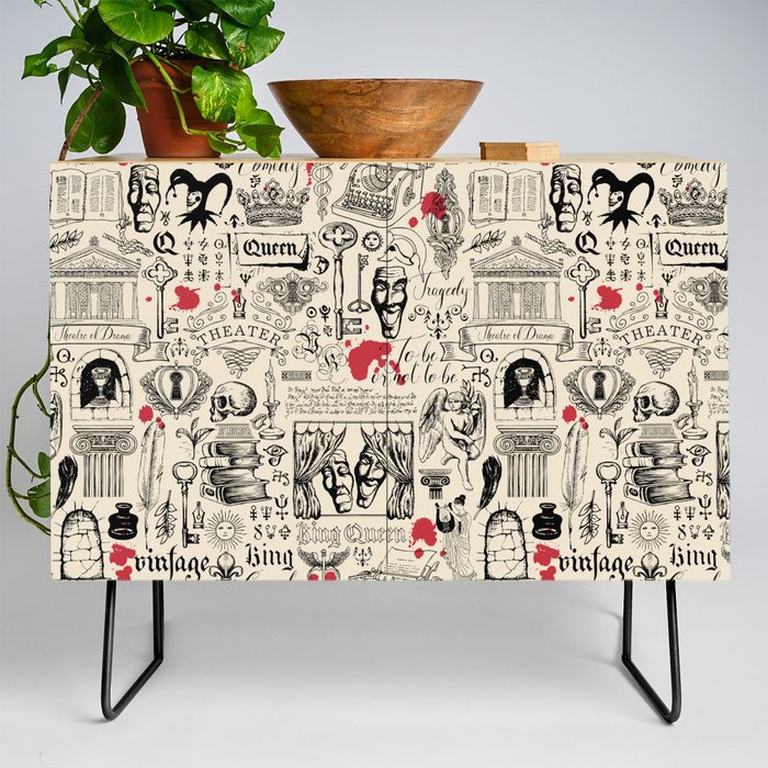 Abstract seamless pattern on the theme of theater and drama with black pencil drawings and red blots in vintage style.  Credenza