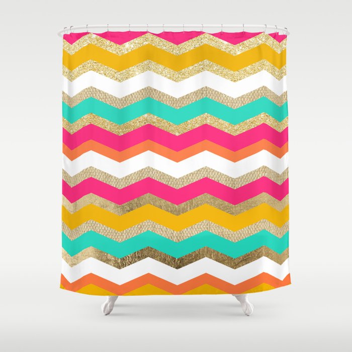 Retro Boho Orange Gold Burlap Pink Turquoise Geometric Chevron