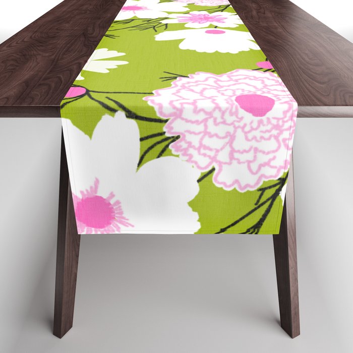 Retro Modern Spring Flower Field Pink and Green Table Runner