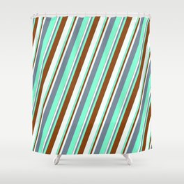 [ Thumbnail: Light Slate Gray, Aquamarine, Brown & Mint Cream Colored Stripes/Lines Pattern Shower Curtain ]