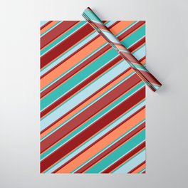 [ Thumbnail: Light Sea Green, Light Blue, Brown, Dark Red & Coral Colored Stripes/Lines Pattern Wrapping Paper ]