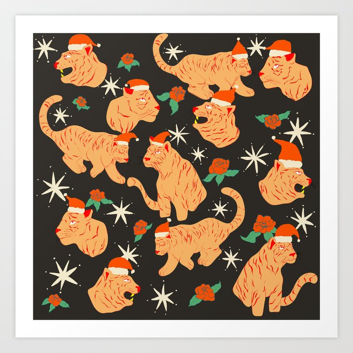 Groovy Christmas Tiger pattern in black Art Print