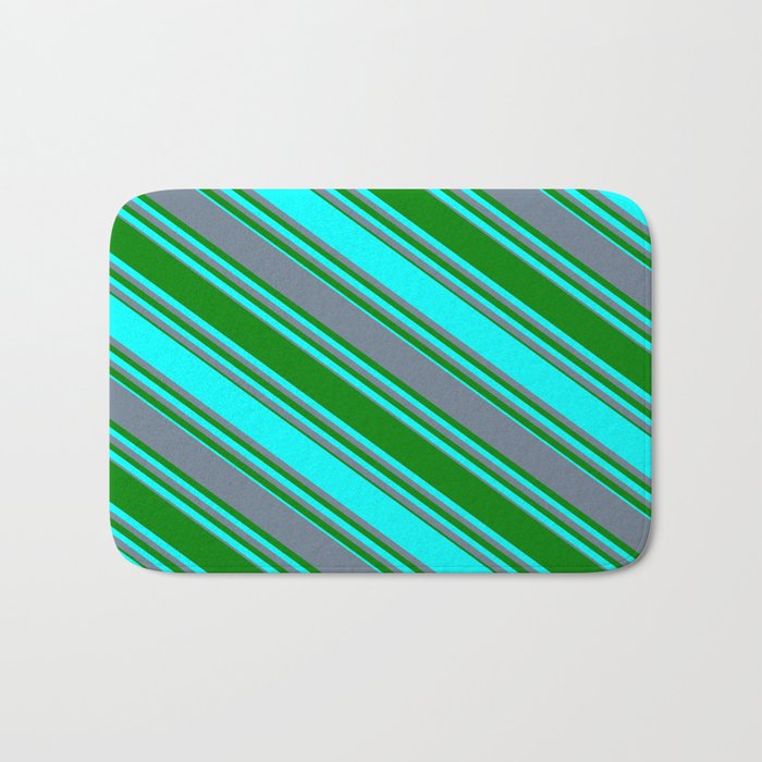 Slate Gray, Green & Cyan Colored Stripes/Lines Pattern Bath Mat