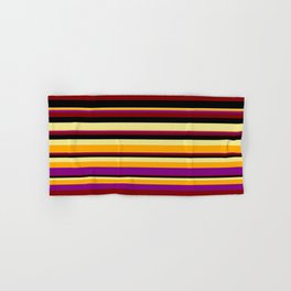[ Thumbnail: Tan, Orange, Purple, Maroon, and Black Colored Striped/Lined Pattern Hand & Bath Towel ]