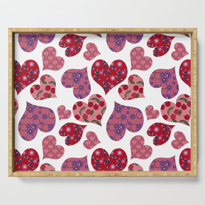 Seamless pattern with hearts with floral ornament Serving Tray