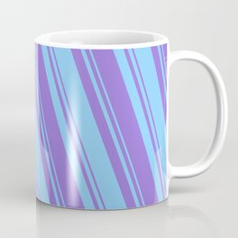 [ Thumbnail: Light Sky Blue & Purple Colored Striped/Lined Pattern Coffee Mug ]