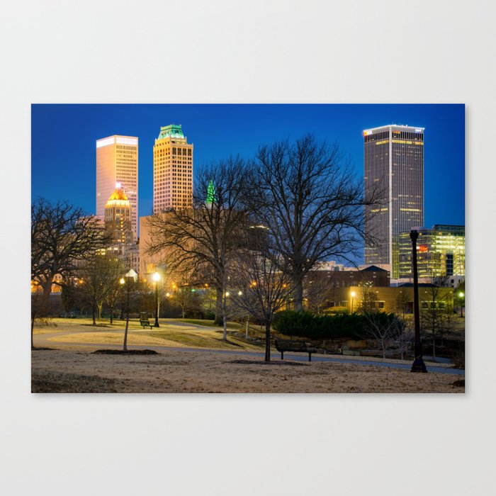 Tulsa Oklahoma Skyline and Centennial Park Night Landscape Canvas Print