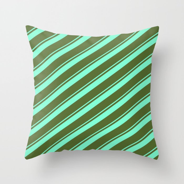Dark Olive Green and Aquamarine Colored Lined Pattern Throw Pillow