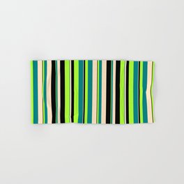 [ Thumbnail: Light Green, Teal, Bisque & Black Colored Lined/Striped Pattern Hand & Bath Towel ]