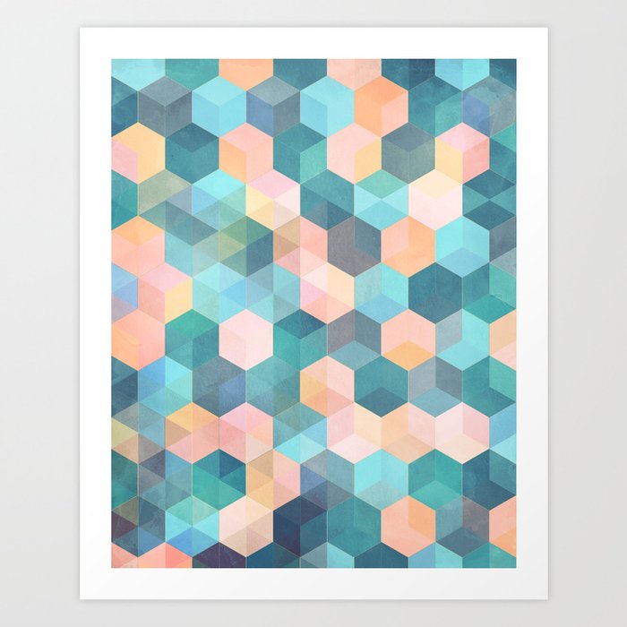 Child's Play 2 - hexagon pattern in soft blue, pink, peach & aqua Art Print