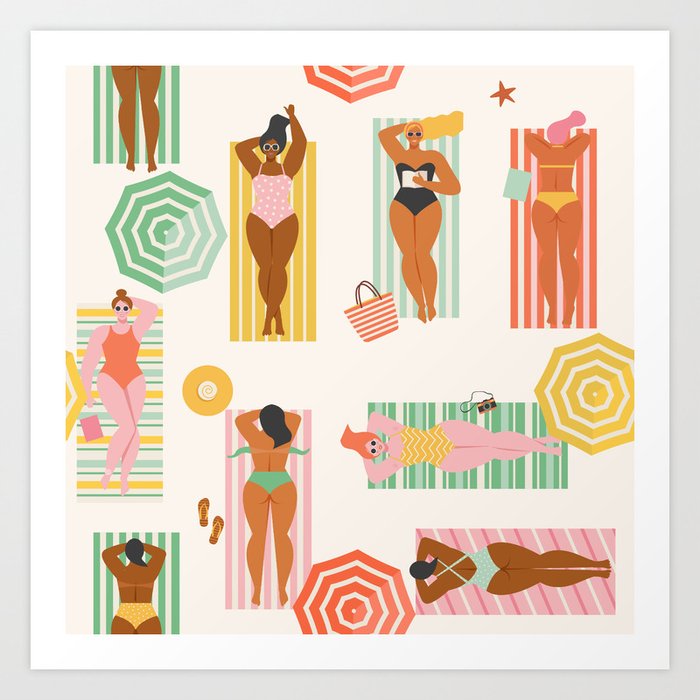 Women swimming, sunbathing and relaxing on the beach. Art Print