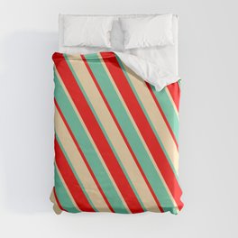 [ Thumbnail: Aquamarine, Red & Beige Colored Stripes Pattern Duvet Cover ]