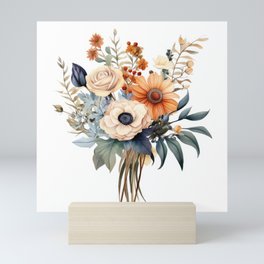 Floral Botanical Bouquet of Flowers in shades of Terracotta Beige White and Blue with Greenery Mini Art Print