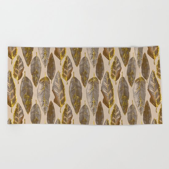 Gold Feather Pattern Beach Towel