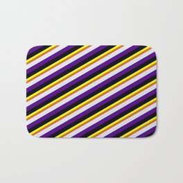 [ Thumbnail: Yellow, Chocolate, Lavender, Indigo, and Black Colored Lined Pattern Bath Mat ]