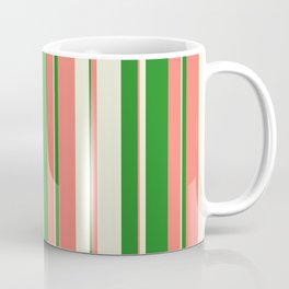 [ Thumbnail: Salmon, Forest Green & Beige Colored Lined Pattern Coffee Mug ]