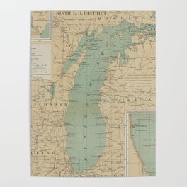 Vintage Lake Michigan Lighthouse Map (1898) Poster