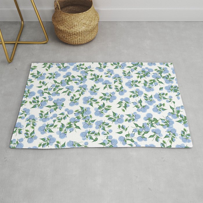 Hydrangea blue flowers, botanicals, blue and white floral Rug
