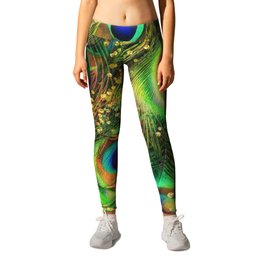 Fantasy Peacock Feathers Leggings | Teal, Goldmotes, Vibrant, Green, Other, Gold, Peacock, Colorful, Graphicdesign, Fantasy 