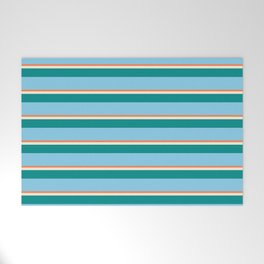 [ Thumbnail: Coral, Beige, Dark Cyan & Sky Blue Colored Stripes Pattern Welcome Mat ]