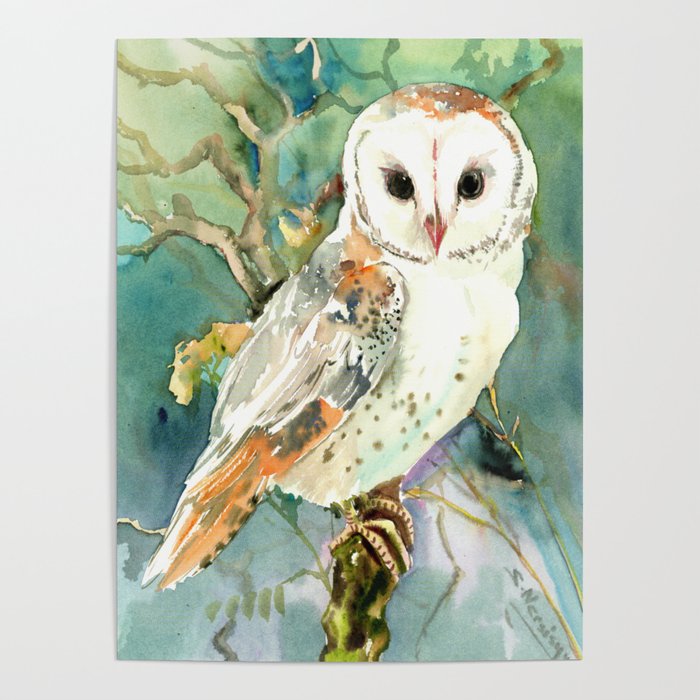 Barn Owl, woodland design owl Poster