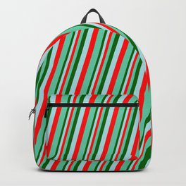 [ Thumbnail: Dark Green, Powder Blue, Red & Aquamarine Colored Pattern of Stripes Backpack ]