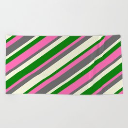 [ Thumbnail: Hot Pink, Dim Gray, Beige, and Green Colored Stripes Pattern Beach Towel ]