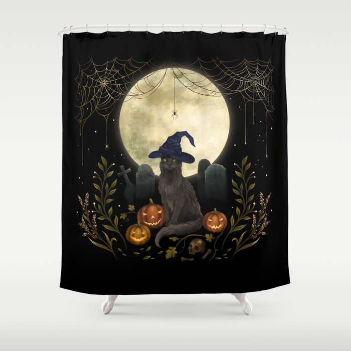 The Black Cat on Halloween Night Shower Curtain