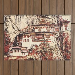 Bhutan Paro Taktsang Artistic Illustration Blossom Style Outdoor Rug