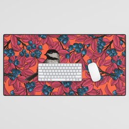Chickadee birds on blueberry branches in red Desk Mat