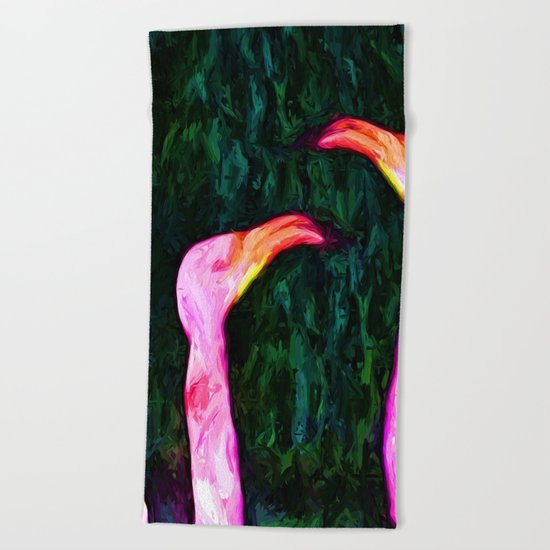 Pink Flamingos and Green Leaves Beach Towel