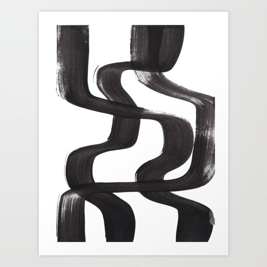 Black And White Minimalist Mid Century Abstract Ink Art Ripple Maze Lines Retro Style Art Print