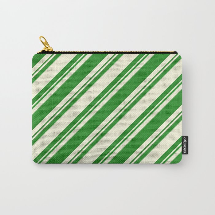 Forest Green and Beige Colored Lined/Striped Pattern Carry-All Pouch