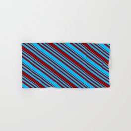 [ Thumbnail: Deep Sky Blue and Dark Red Colored Lined Pattern Hand & Bath Towel ]