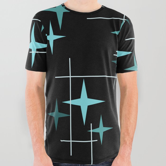 Mid Century Modern Stars Black Teal All Over Graphic Tee