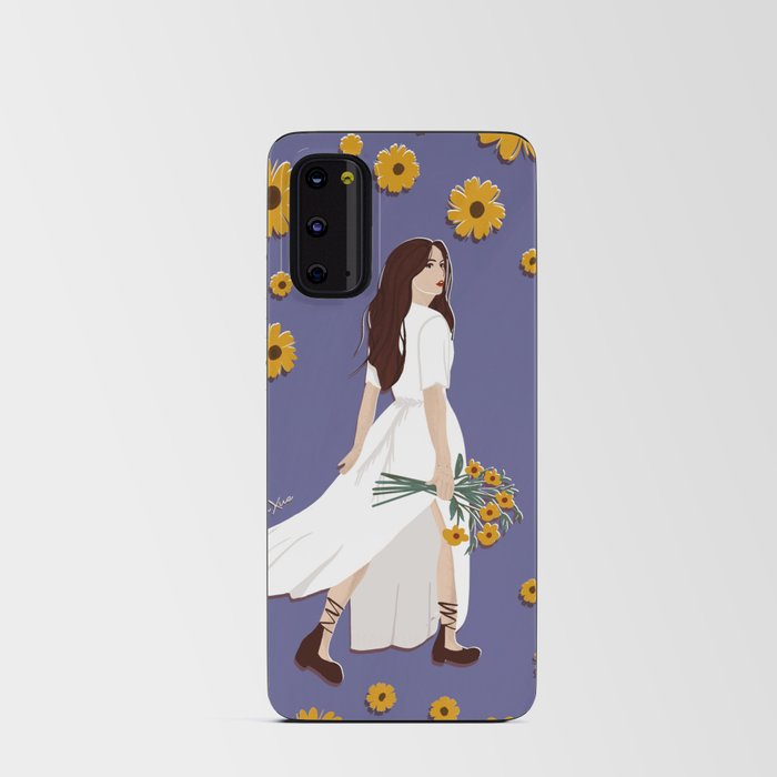 white dress girl walking in yellow daisy flowers and purple background Android Card Case