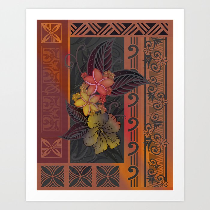 Vintage Samoan Tapa Art Tropical Floral Tapa Board Art Print