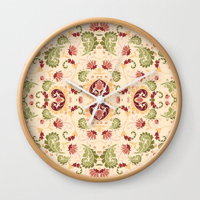autumnal yellow orange red floral bold paisley flower bohemian  Wall Clock