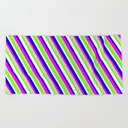 [ Thumbnail: Eyecatching Blue, Fuchsia, Light Gray, Green, and White Colored Lined Pattern Beach Towel ]