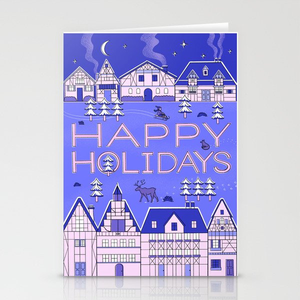 Cozy Snowy Village Holiday Card - Blue and Pink Stationery Cards