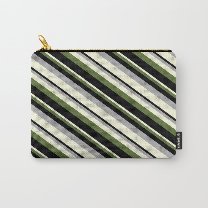Dark Grey, Beige, Dark Olive Green, and Black Colored Striped/Lined Pattern Carry-All Pouch