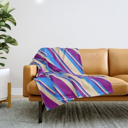 [ Thumbnail: Blue, Tan, and Purple Colored Striped Pattern Throw Blanket ]